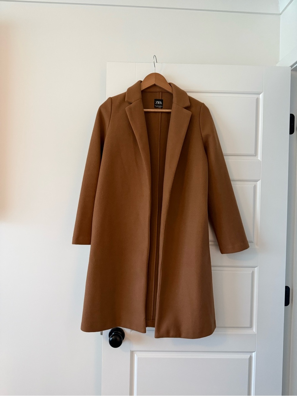 Zara Camel Brown Open-Front Wool-Blend Trench Coat
